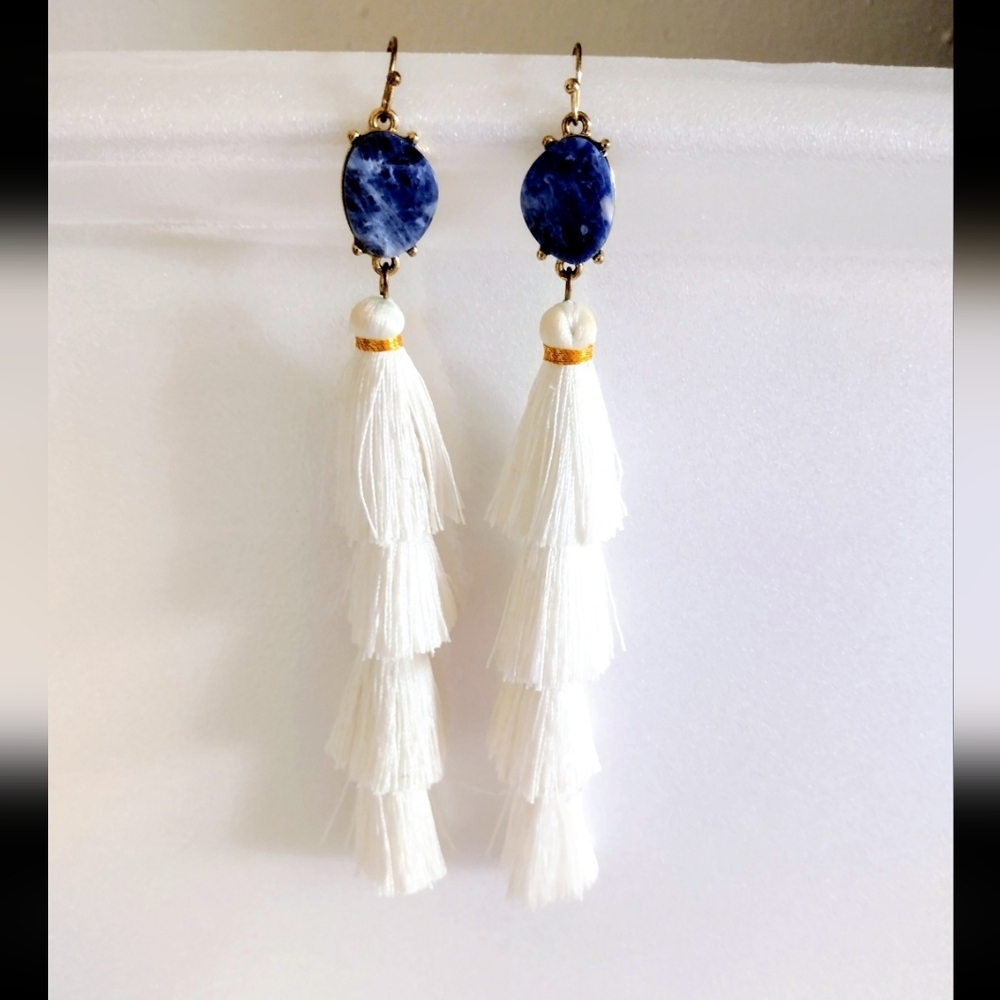 Bohemian Tassel Earrings with a Bue Gemstone